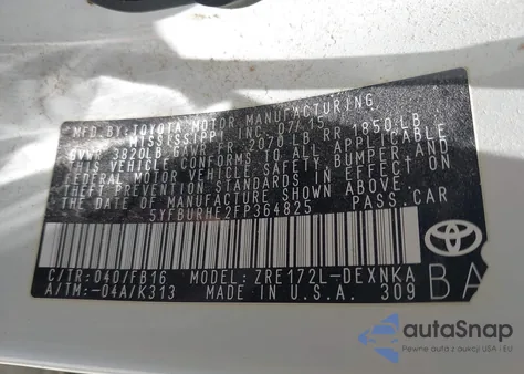 2015 Toyota Corolla L/Le/Le Pls/Prm/S/S Pls из США, поврежденный, VIN 5YFBURHE2FP364825